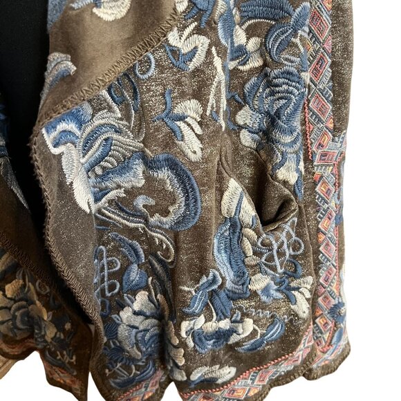 Pre owned Johnny Was BIYA Srika Khaki Green Shimmer Sueded Embroidered Hoodie - Picture 12 of 16